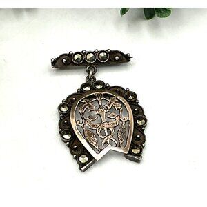 Antique Victorian Horseshoe & Shield Brooch With Cut-Out Design & Marcasite Acce
